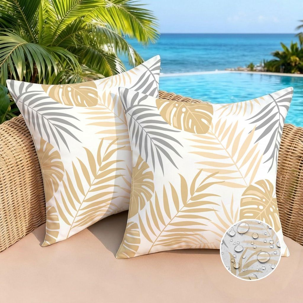 Outdoor-Kissenbezüge mit tropischem Blättermotiv, wasserfest, 45 x 45 cm, 2er-Set, dekorativ, beige/cremefarben, moderner Stil, für Wohnzimmer, ...