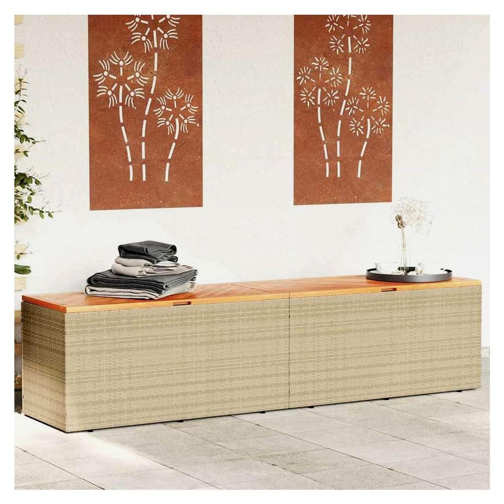 Gartentruhe Beige 220x50x54 cm aus Poly Rattan und Akazienholz, Aufbewahrungsbox für Balkon, Terrasse und Garten