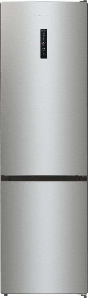A front view of a silver refrigerator with a black control panel on the top door.