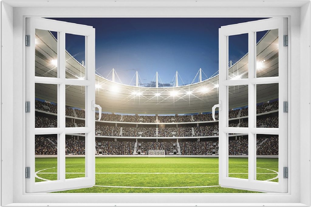 Wallario Wandbild mit Fenster-Illusion: Fußballstadion Mittellinie, Größe: 61 x 91,5 cm, Poster mit rahmenlosen Bildhalter