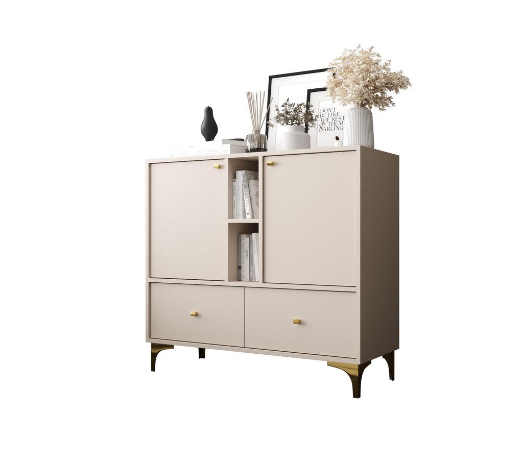 2-türige Kommode mit Schubladen 100cm Beige Gold Zubehör LT1-09
