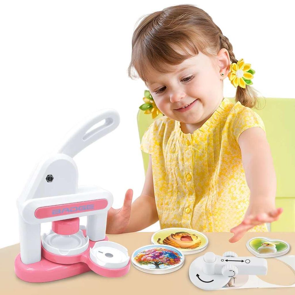 ZELURXX DIY Kunststoff Badge Maker Set für Kinder, manuelle 3-in-1 Button Maschine, Bastelset, Kühlschrankmagnet, Geschenk, ab 4 Jahre, Rosa