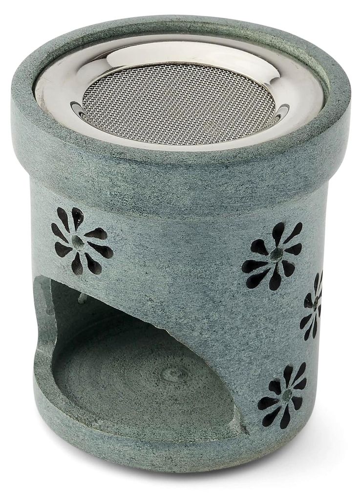 Räucherstövchen aus grauem Speckstein mit Blumenmuster, Ø7cm