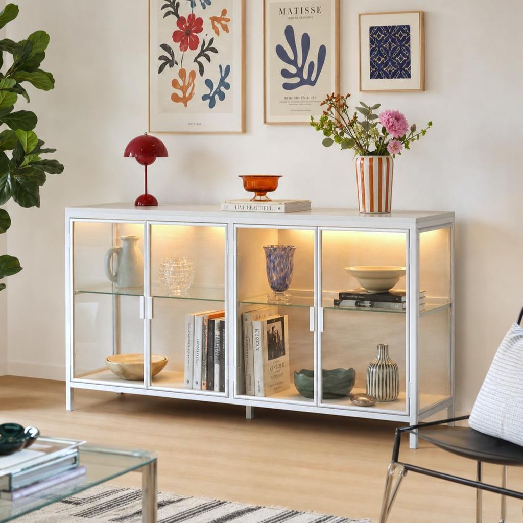 Vitrine 140x40x75cm Weiß mit Metallrahmen & 3-farbiger Produktbild 