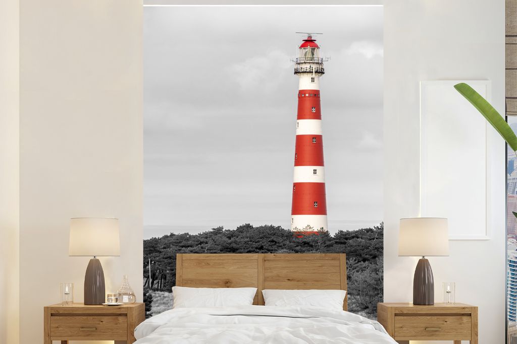 MuchoWow Fototapete für Wohnzimmer oder Schlafzimmer Wandtapete Vinyl Motivtapete Strand - Leuchtturm - Bäume - 200x300 cm - Wanddekorationen