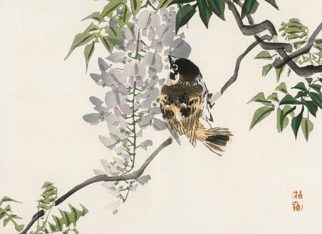 Plakat 55x40cm Spatz auf einem Ast, Kōno Bairei Japanisches Vintage für das Wohnzimmer