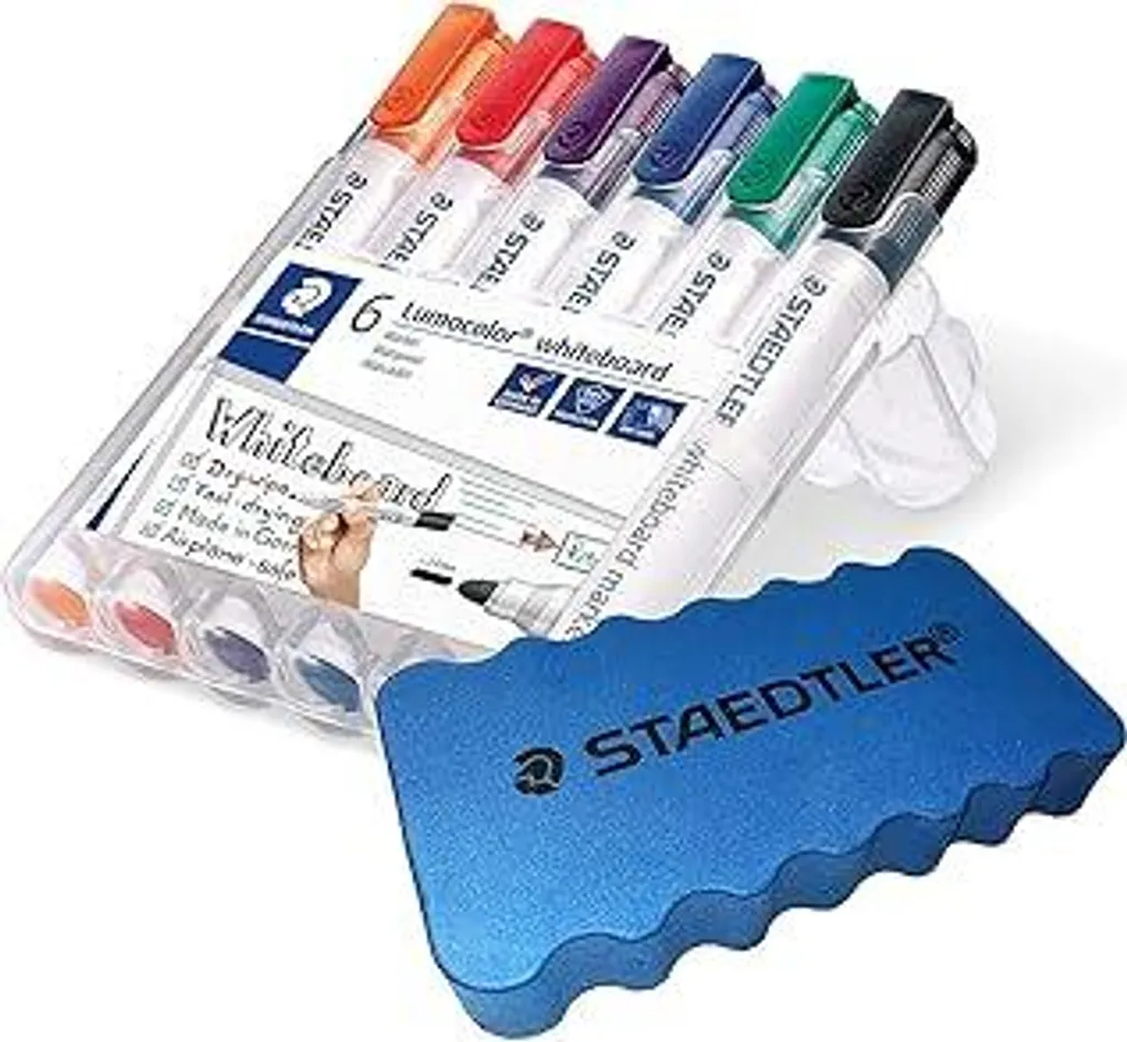 Staedtler Lumocolor 351 WP6 Pennarello per lavagna bianca, punta tonda con larghezza linea di circa 2 mm, set con 6 colori (1 astuccio + spugna per lavagna bianca)