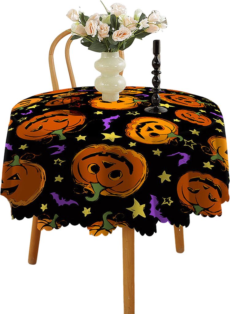 Halloween-Tischdecke, Spinnennetz, Kürbis, Hexendruck, Blumenrand, runde Form, pflegeleicht, Tischschutz, Bankette, Party-Dekoration, Tischdecke