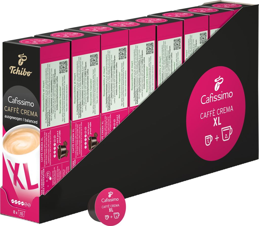 Tchibo Cafissimo Vorratsbox Caffè Crema XL Coffee Kaffeekapseln, 80 Stück – 8x10 Kapseln (Kaffee, kräftig mit intensiven Aromen), nachhaltig &...