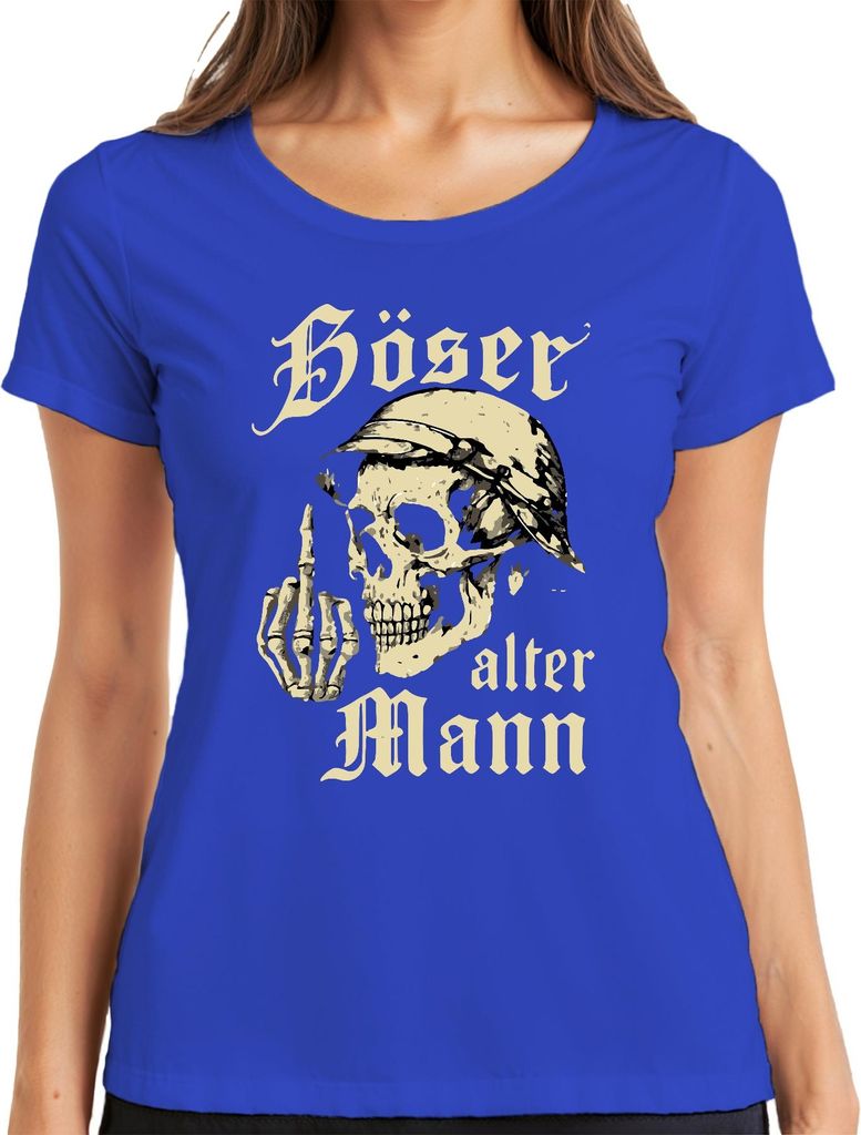 Totenkopf Skeletthand Mittelfinger Biker Rocker Böser alter Mann Damen T-Shirt, Blau, XXL