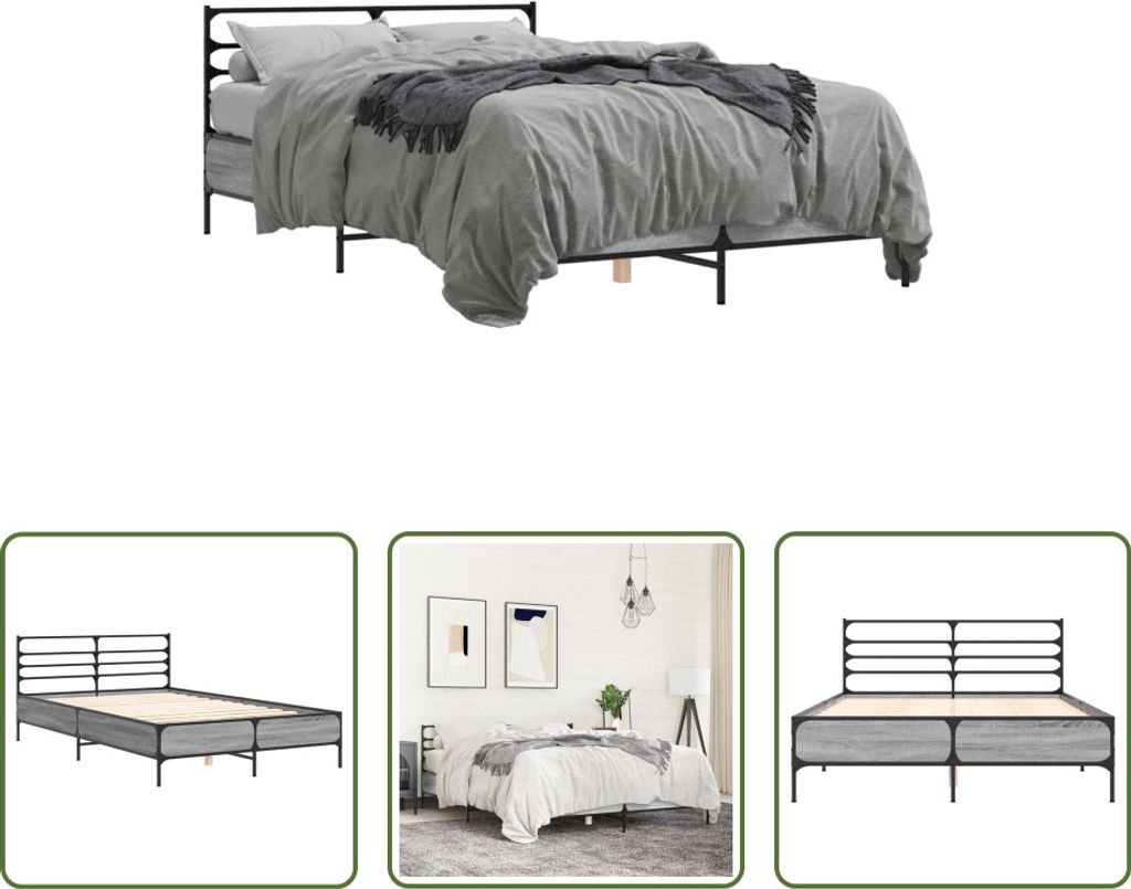 The Living Store Bettgestell Grau Sonoma 140x190 cm Holzwerkstoff und Metall