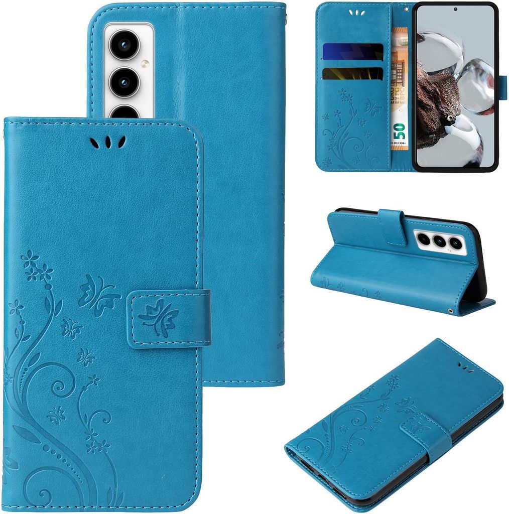 Handyhülle für Samsung Galaxy A35 5G Floral Blumen Schmetterling Flip Cover Hülle Case Klapphülle Handytasche Farbe: Blau