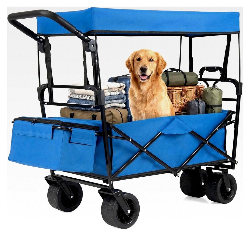 Faltbarer Bollerwagen mit Dach, Strandwagen mit verstellbarem Griff und abnehmbarer Aufbewahrungstasche, Handwagen bis 100 kg belastbar, Gartenwage...