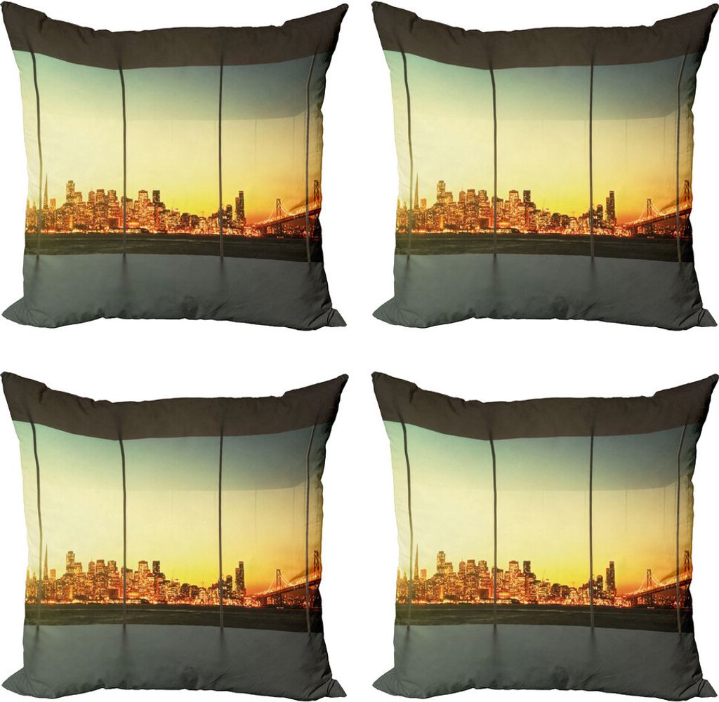 ABAKUHAUS Modern Kissenbezug Set (4 Stück), Leere Büro Sunset View, Moderner Doppelseitiger Digitaldruck, 50 cm x 50 cm, Orange Grau Grün