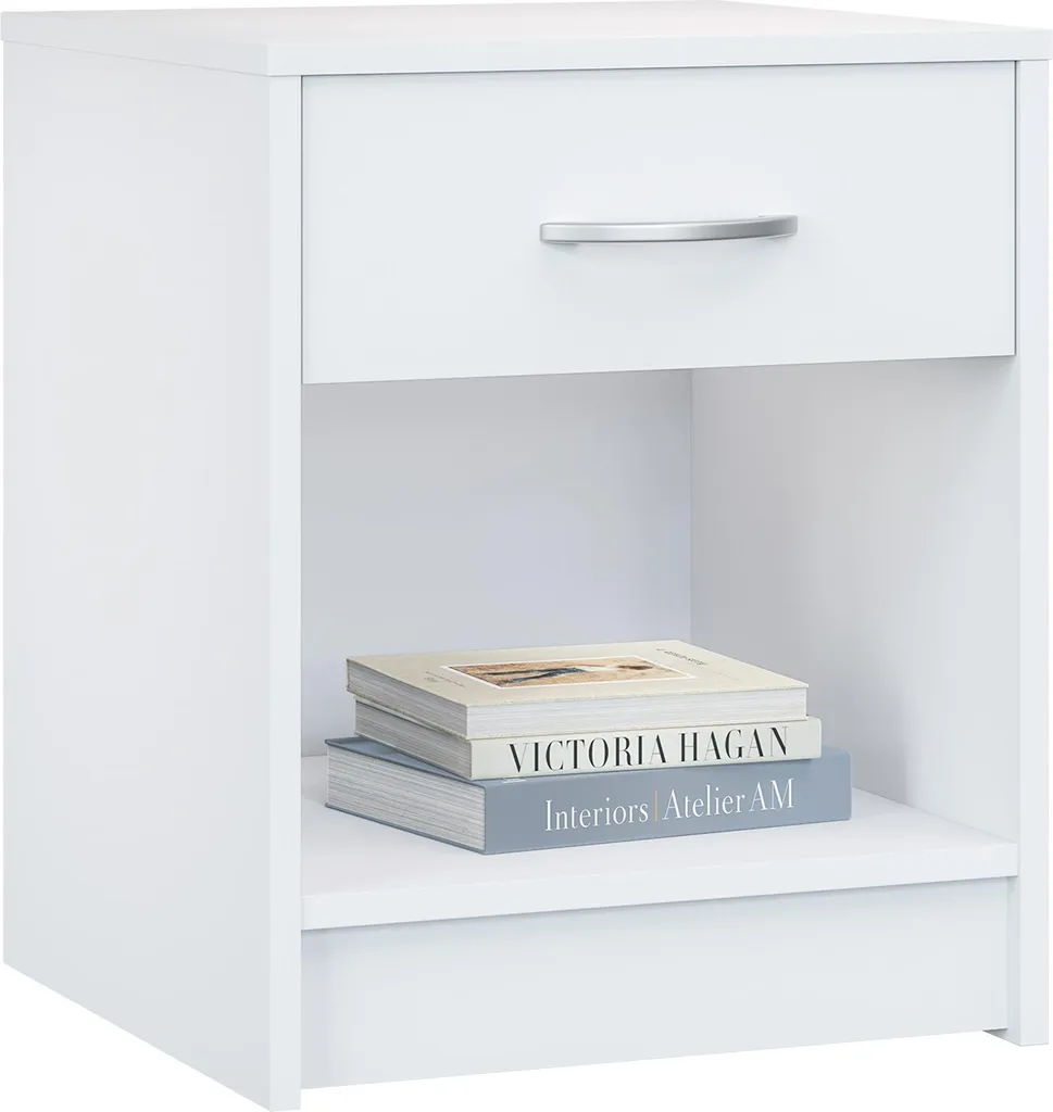 Table de chevet blanche robuste 50cm avec tiroir de rangement fluide
