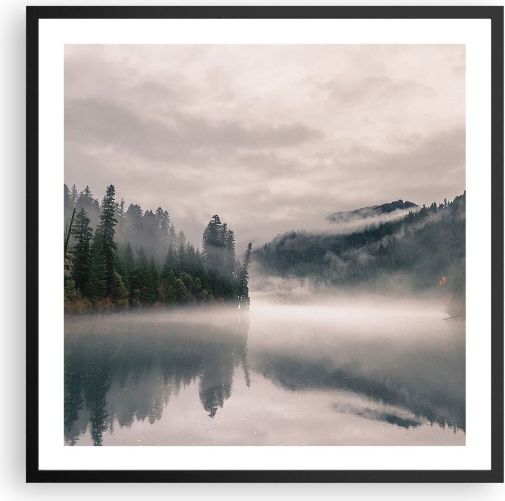 Gerahmtes Poster - Schwarzer Rahmen - Reflexion Nebel Landschaft - 60x60 cm - Wand Bild - Wanddeko - Wandbilder - Kunstposter - Wandposter - Bilder...