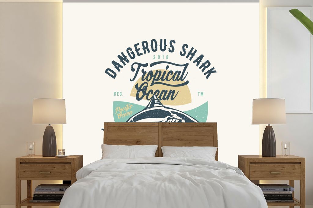 MuchoWow Fototapete für Wohnzimmer oder Schlafzimmer Wandtapete Vinyl Motivtapete Hai - Tiere - Vintage - 220x220 cm - Tapeten