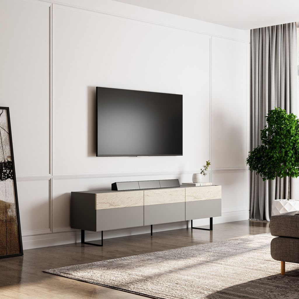 Skye Decor, Sign - Grey, Travertine, TV-Ständer, Grau, 100 % MELAMINBESCHICHTETE SPANPLATTEN, 37 x 180 x 49 cm