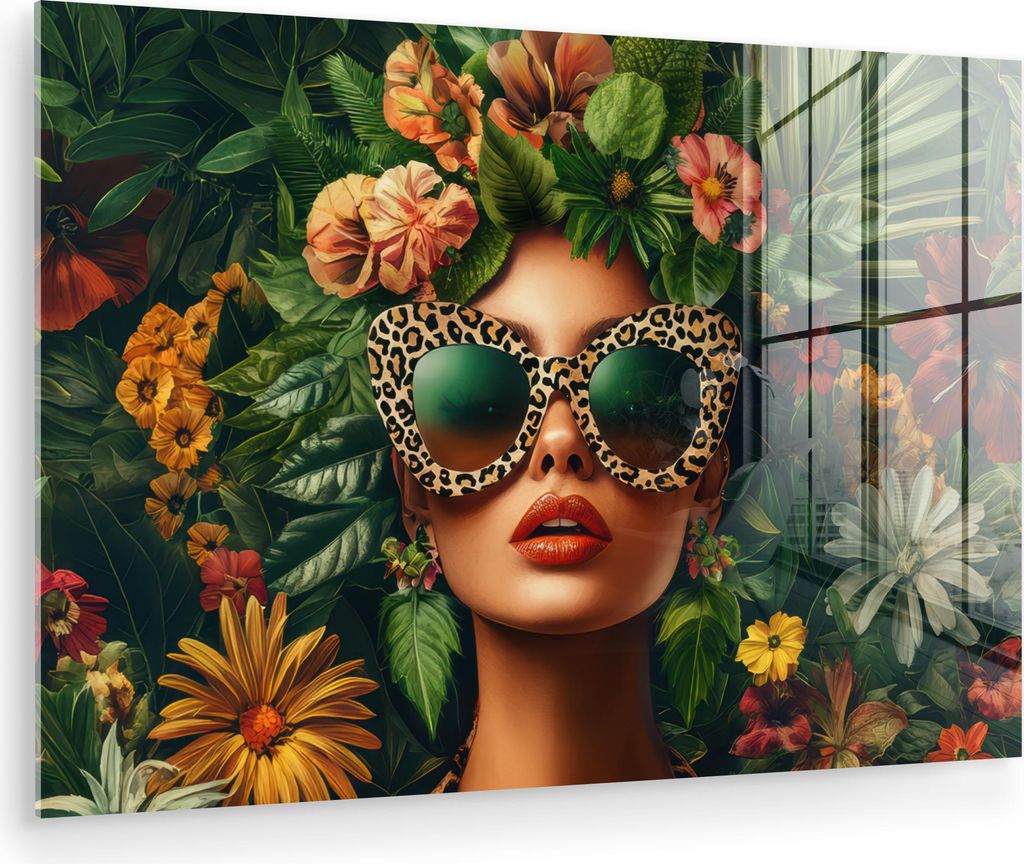 MuchoWow Glasbilder - Bilder auf Wandbild - Foto auf Glas Frau - Pantherdruck - Dschungel - Natur - Luxus 60x40 cm Wanddekoration aus Glas - Acrylg...