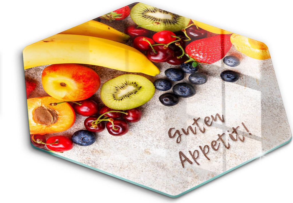 Glasschneideplatte - Herdabdeckplatte - Hexagon 40 cm - Schneidebrett - Spritzschutz - Hindernis, Guten Appetit!