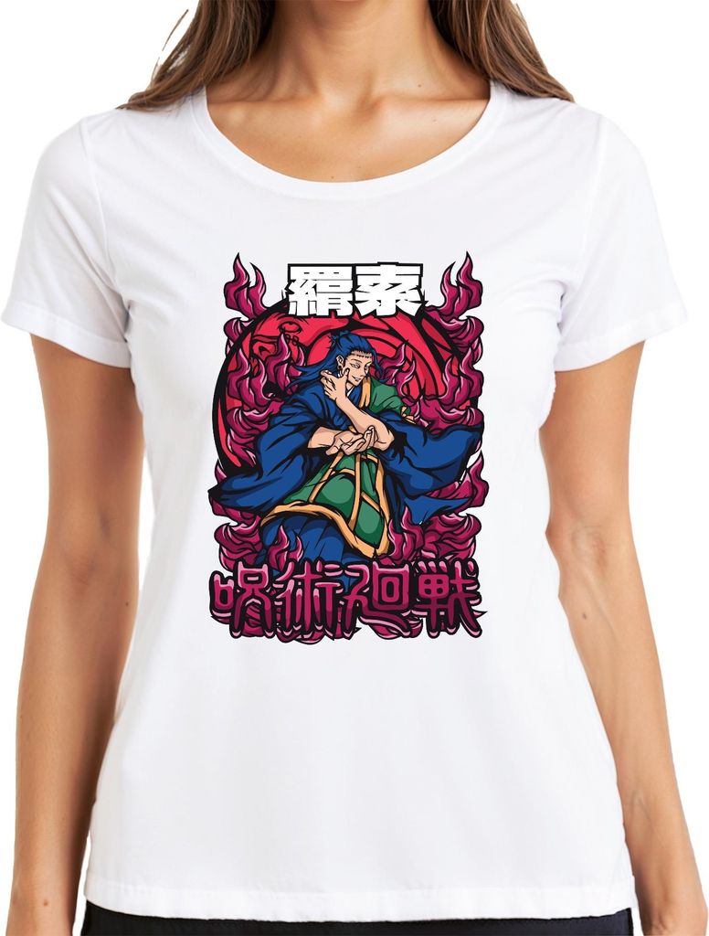 呪術廻戦 Anime Flammen Magier Japanisch Manga Anime Ästhetik Geschenk Damen T-Shirt, Weiß, M