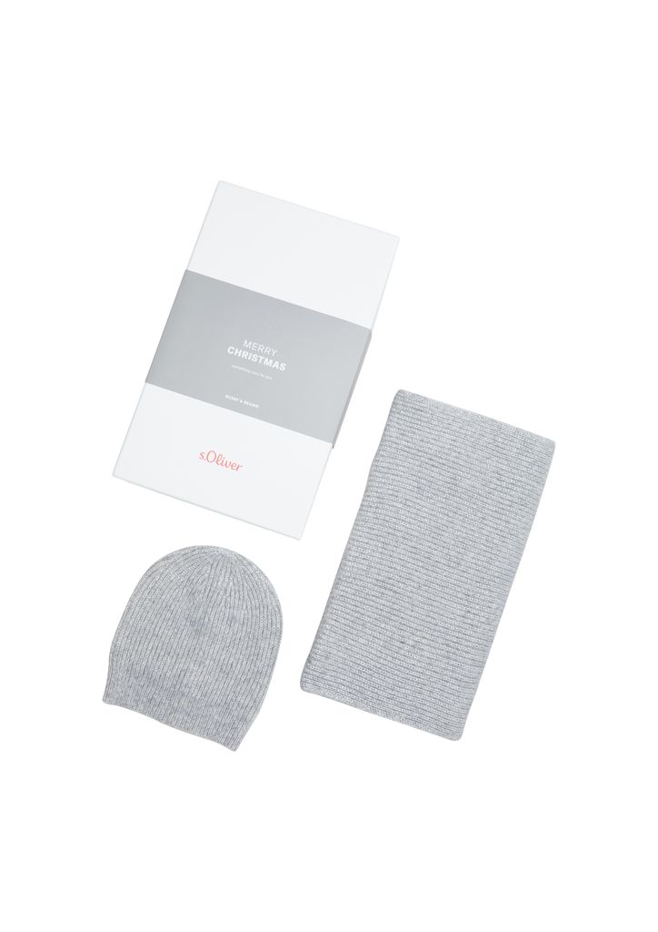 s.Oliver Mütze Schal Beanie + Scarf Set Grey Black hellgrau
