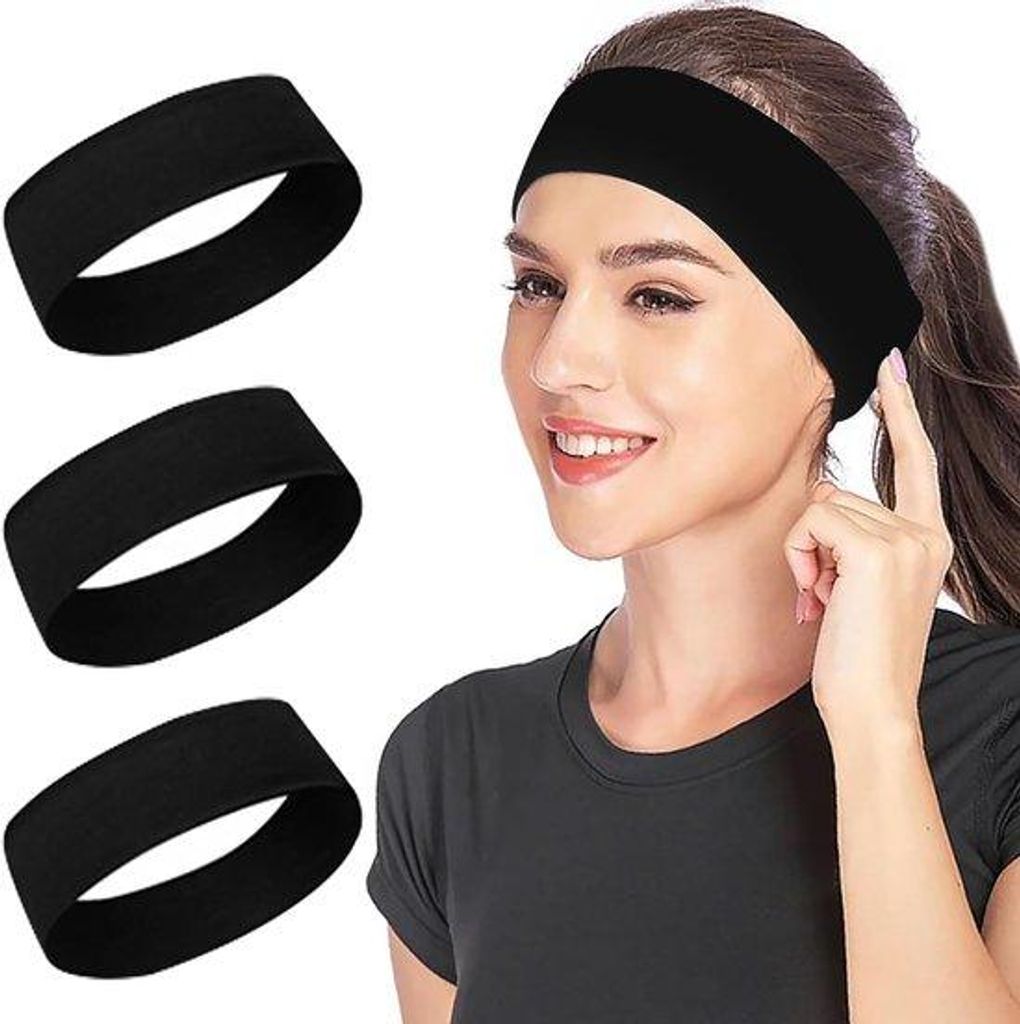 Breite Damen-Haarbande, 3 Stück, 7,5 cm, schwarz, elastische Haarbande für Frauen, Fitness, Yoga, Fahrrad, Laufsport