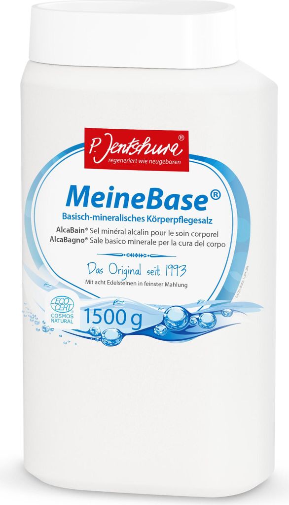 A white plastic container of P. Jentschura MeineBase bath salts.