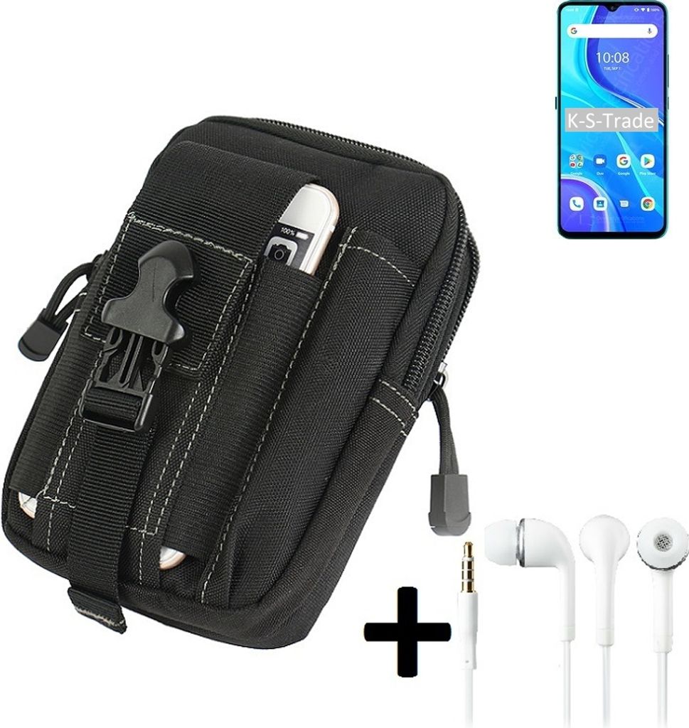 K-S-Trade Gürteltache + Kopfhörer kompatibel mit UMIDIGI A7s Gürtel Tasche Holster Schutz Hülle Handy Hülle schwarz inkl. Extrafächer