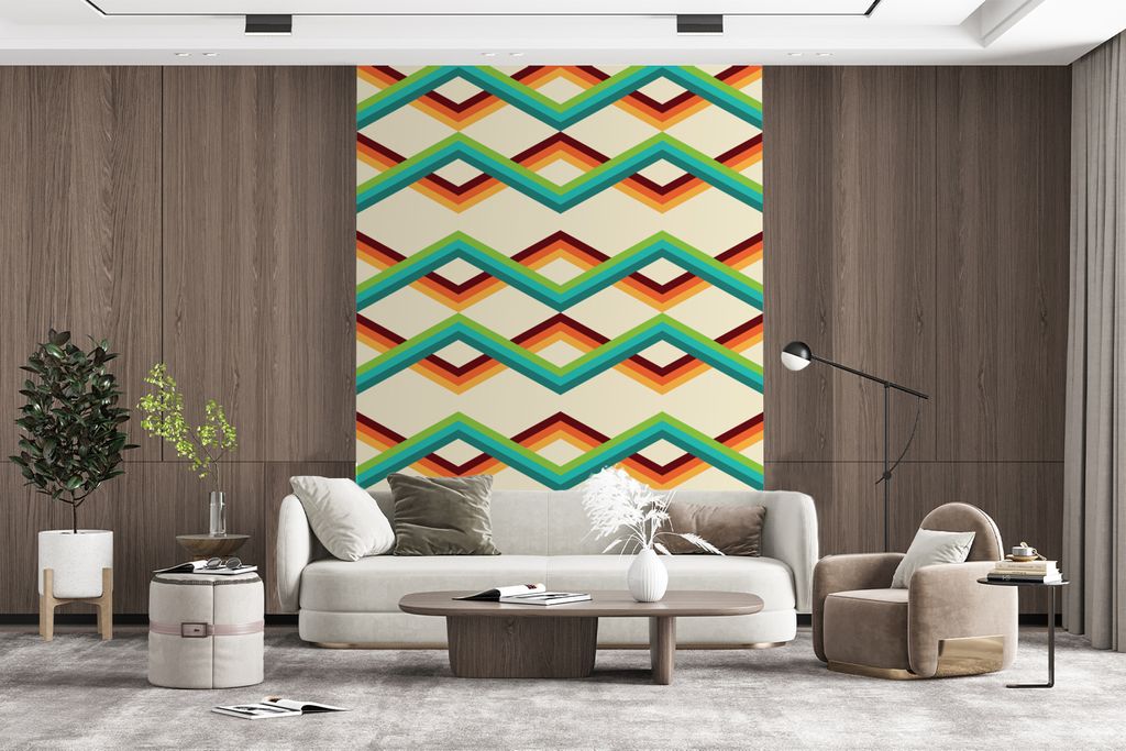 MuchoWow Fototapete für Wohnzimmer oder Schlafzimmer Wandtapete Vinyl Motivtapete Retro - Streifen - Design - Siebziger Jahre - 160x220 cm - Bil...
