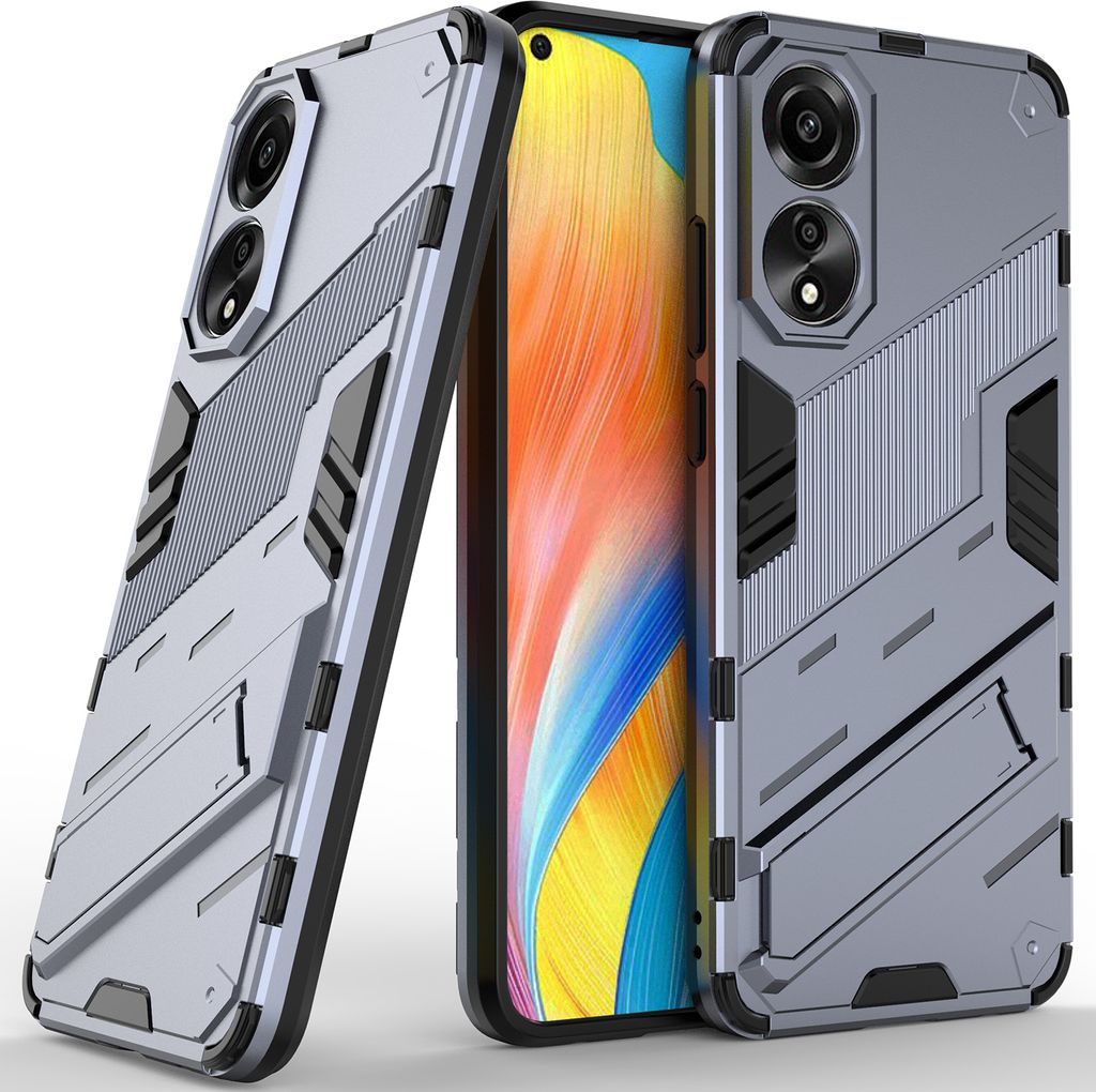 Armor Hülle für Oppo A78 4G, Hybrid PC TPU Bumper Stoßfestes Schutzhülle mit Standfunktion Grau