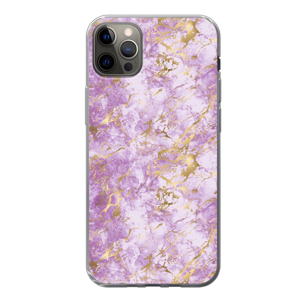 MuchoWow Handyhülle Schutzhülle Hülle für iPhone 12 Pro Max Gold - Marmor - Muster - Lila Silikon Softcase Handy Hülle - Hartschale