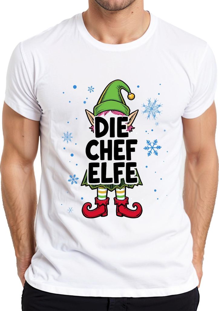 DIE CHEF ELFE Weihnachtselfe Weihnachten Wichtel Schneeflocken Herren T-Shirt, Weiß, M
