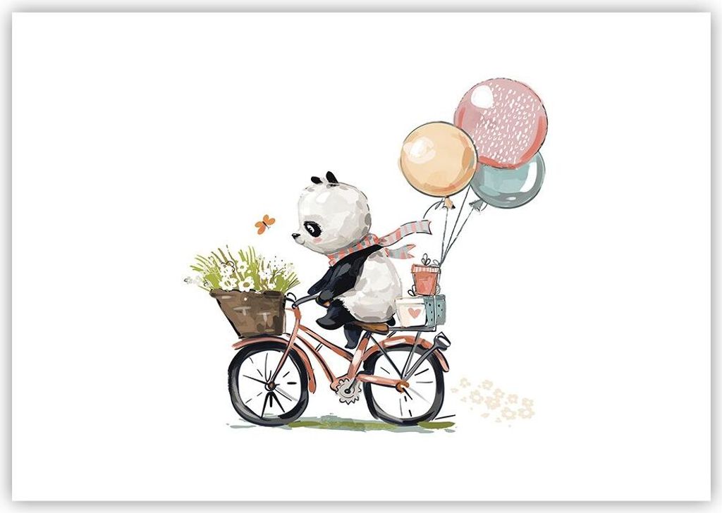 Poster - Poster ohne Rahmen - Panda Fahrrad Kinder - 100x70 cm - Wand Bild - Wanddeko - Wandbilder - Kunstposter - Wandposter - Bilder - Kunstdruck...