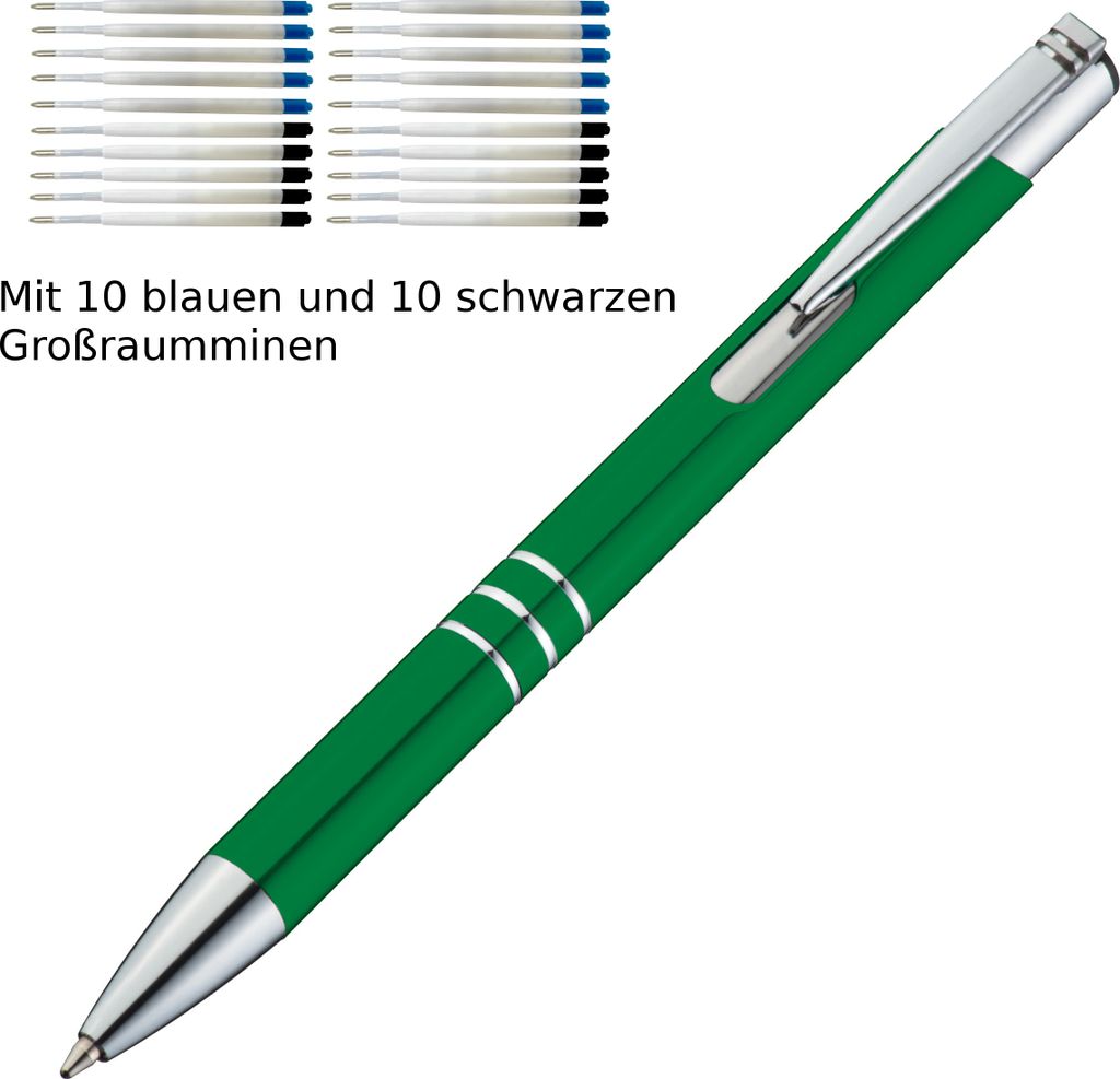 10 Kugelschreiber aus Metall / je 10 schwarze + blaue Minen / Farbe: grün
