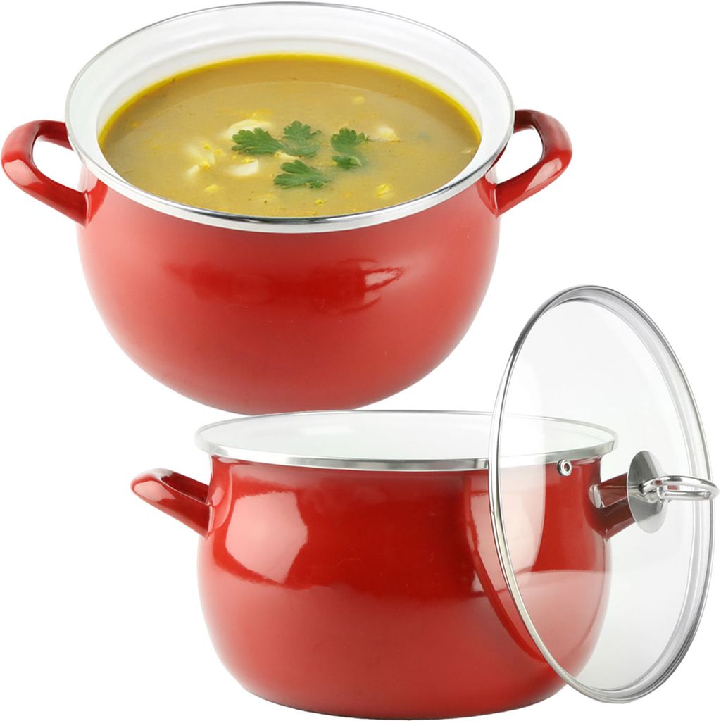Two red enamel pots, one filled with soup and garnished with parsley, and the other with a glass lid.