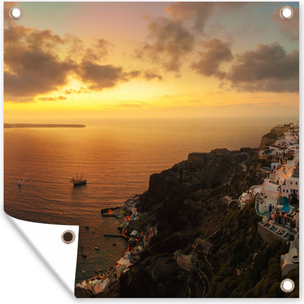 MuchoWow 100x100 cm Outdoor-Poster Gartendeko Sichtschutz Garten Poster für den Garten Das Fischerdorf von Santorini Griechenland bei Sonnenunte...