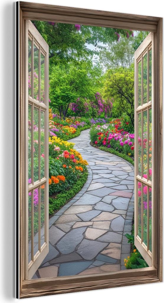 MuchoWow Wanddekoration Metall Metallbild Wandkunst 60x90 cm Aussicht - Blumen - Gartenweg - Natur - Fenster MuchoWow Aluminium Gemälde - Wandbild...
