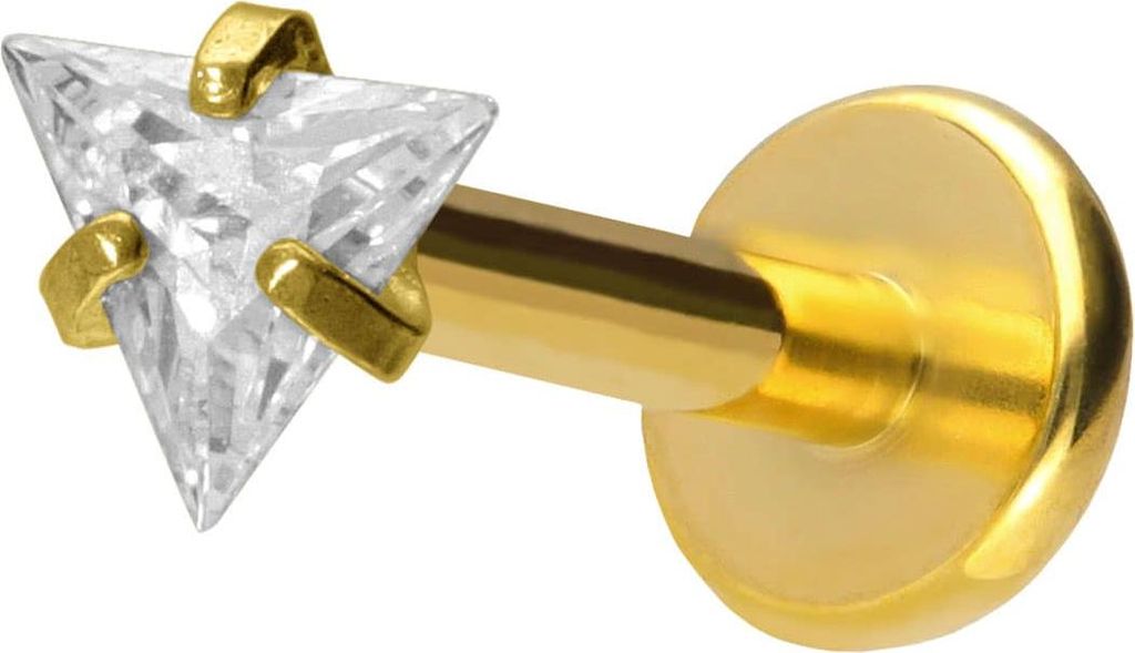 Ohrpiercing, Nasenpiercing Titan Labret mit Push Fit EINGEFASSTES KRISTALLDREIECK Gold Stablänge: 10mm | Stabstärke: 1,2mm