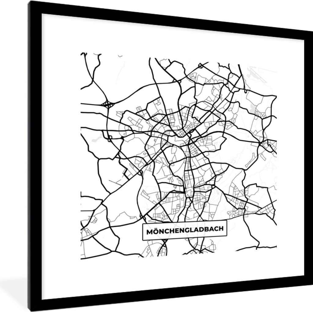 MuchoWow Gerahmtes Poster Mönchengladbach - Karte - Stadtplan 40x40 cm - Poster mit Schwarzem Bilderrahmen Wandposter Rahmen Foto Bilder - Poste...