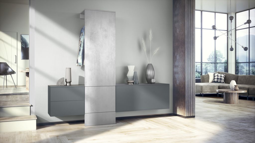 Vladon Garderoben-Set DualVista, bestehend aus 1 Garderobenpaneel, 1 Schubkastenschrank, 1 Schrankmodul und 2 Spiegel, Anthrazit matt/Beton Oxid Optik