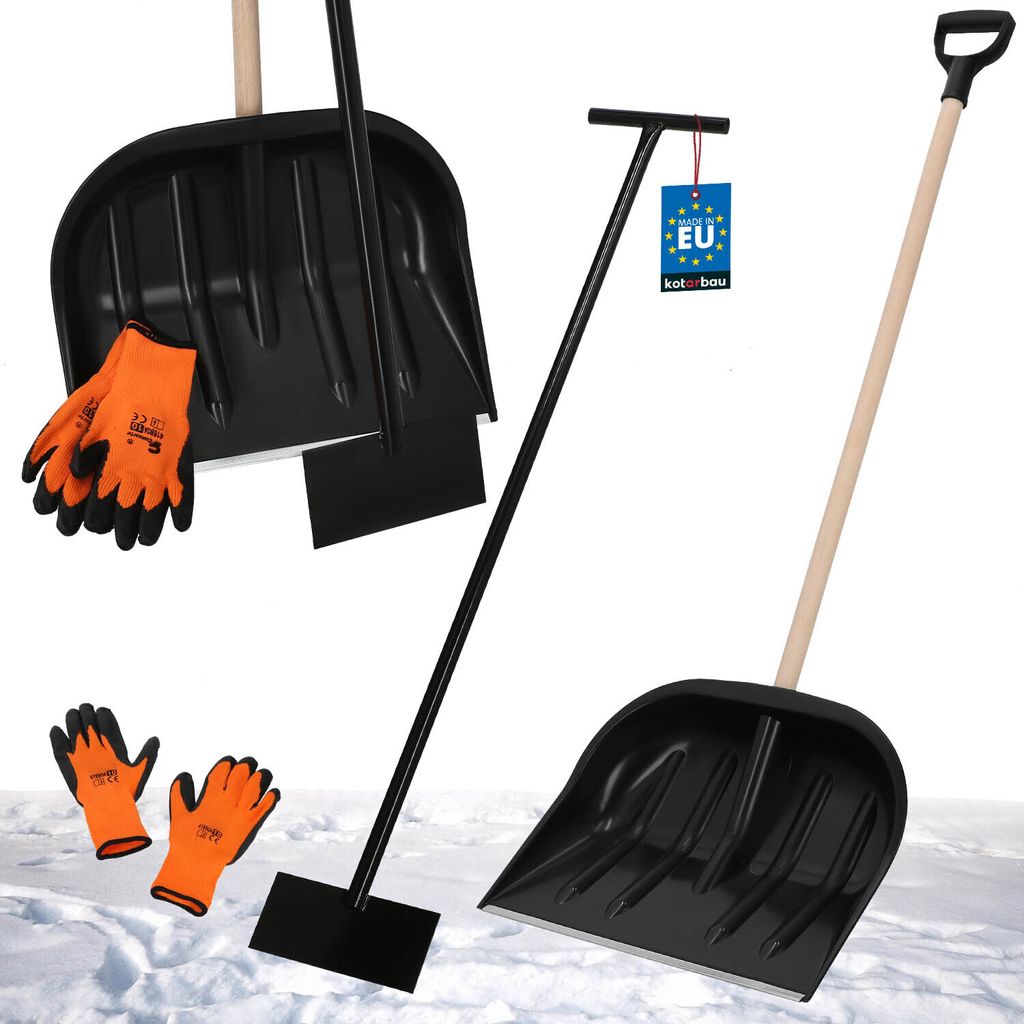 KOTARBAU Set Schneeschaufel mit Holzstiel 137 cm Eisschaber 119 x 20 cm + Handschuhe warm Schneeschieber Schneeräumer Schneeschaufel Auto Stoßs...