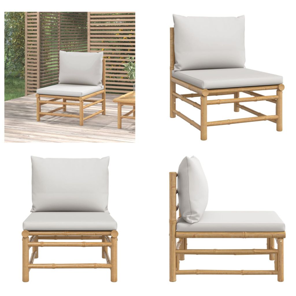vidaXL Garten Mittelsofa mit Hellgrauen Kissen Bambus - Garten Mittelsofa - Garten Mittelsofas - Gartensofa - Outdoor Sofa
