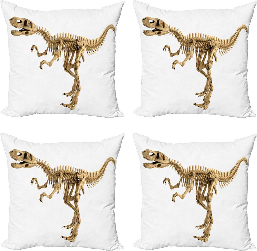 ABAKUHAUS Dinosaurier Kissenbezug Set (4 Stück), Fossil Dino-Skelett, Moderner Doppelseitiger Digitaldruck, 60 cm x 60 cm, Pale Brown White