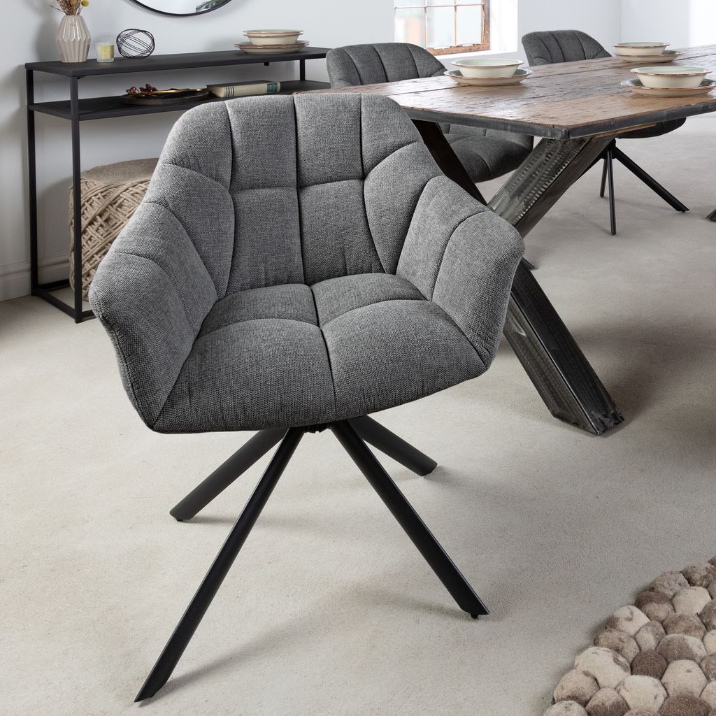 riess-ambiente Drehbarer Stuhl PAPILLON anthrazit Strukturstoff mit Armlehne Ziersteppung schwarzes Gestell Drehstuhl Esszimmerstuhl Konferenzstuhl