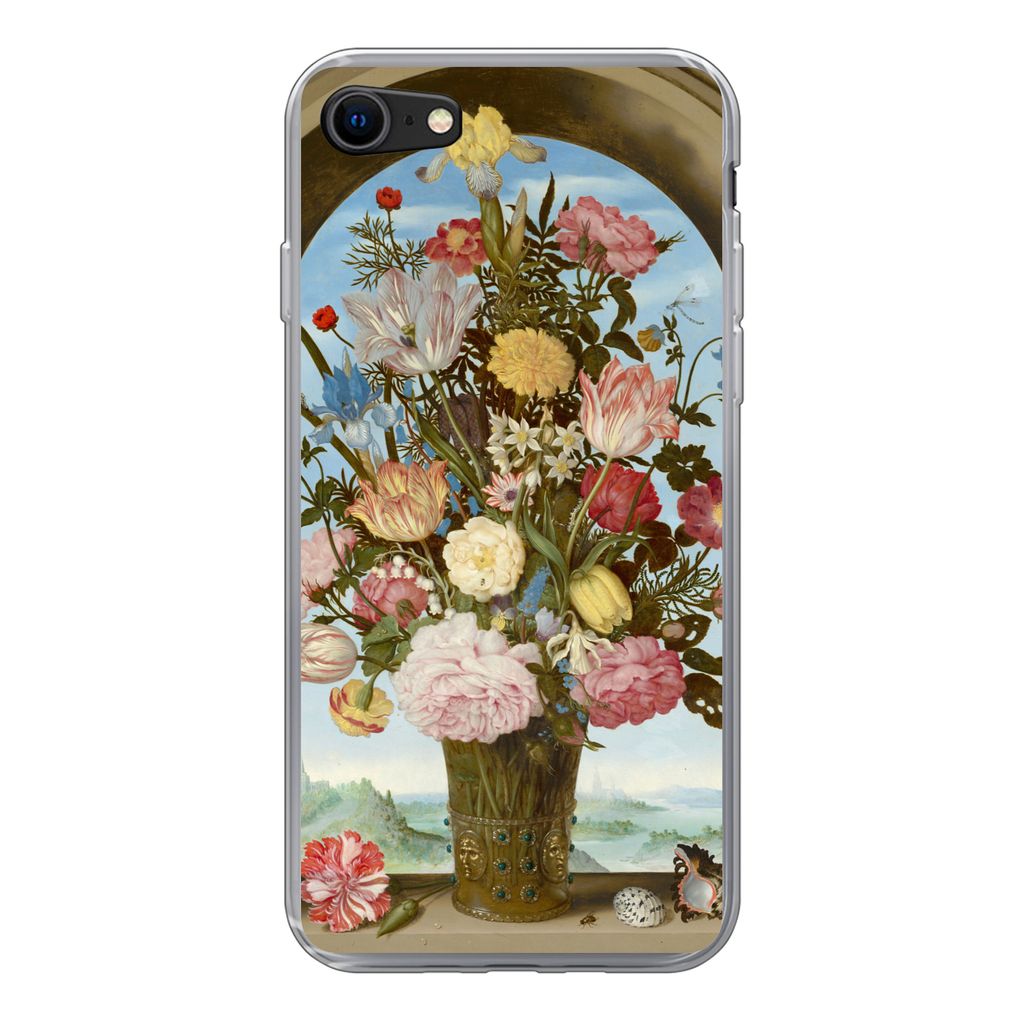 MuchoWow Handyhülle Schutzhülle Hülle für iPhone SE 2020 Vase mit Blumen in einem Fenster - Gemälde von Ambrosius Bosschaert dem Älteren Si...