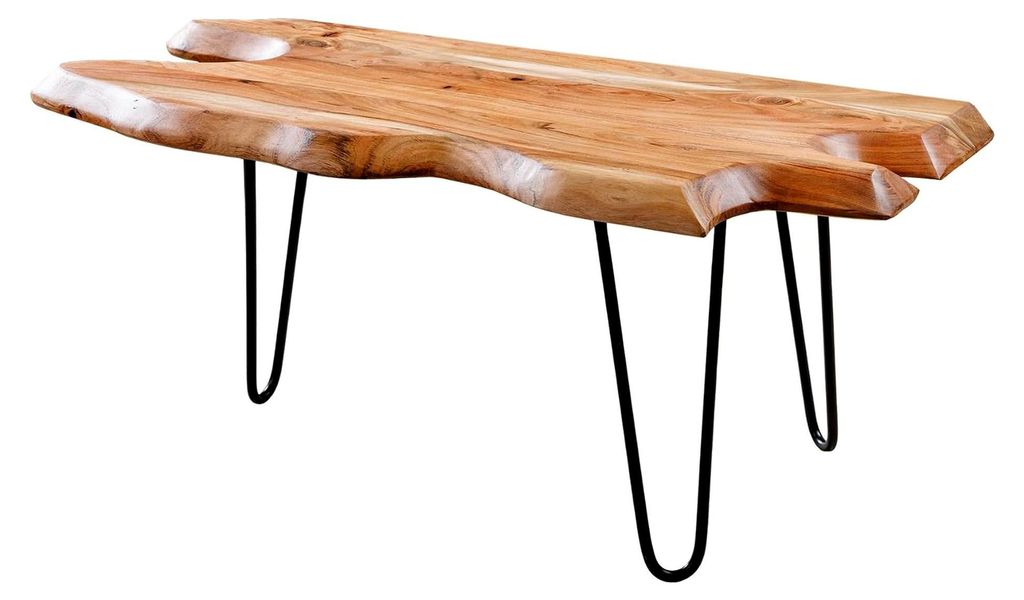 Massivholz Couchtisch WILD 100cm Akazie Natur mit Hairpin Legs und Baumkante