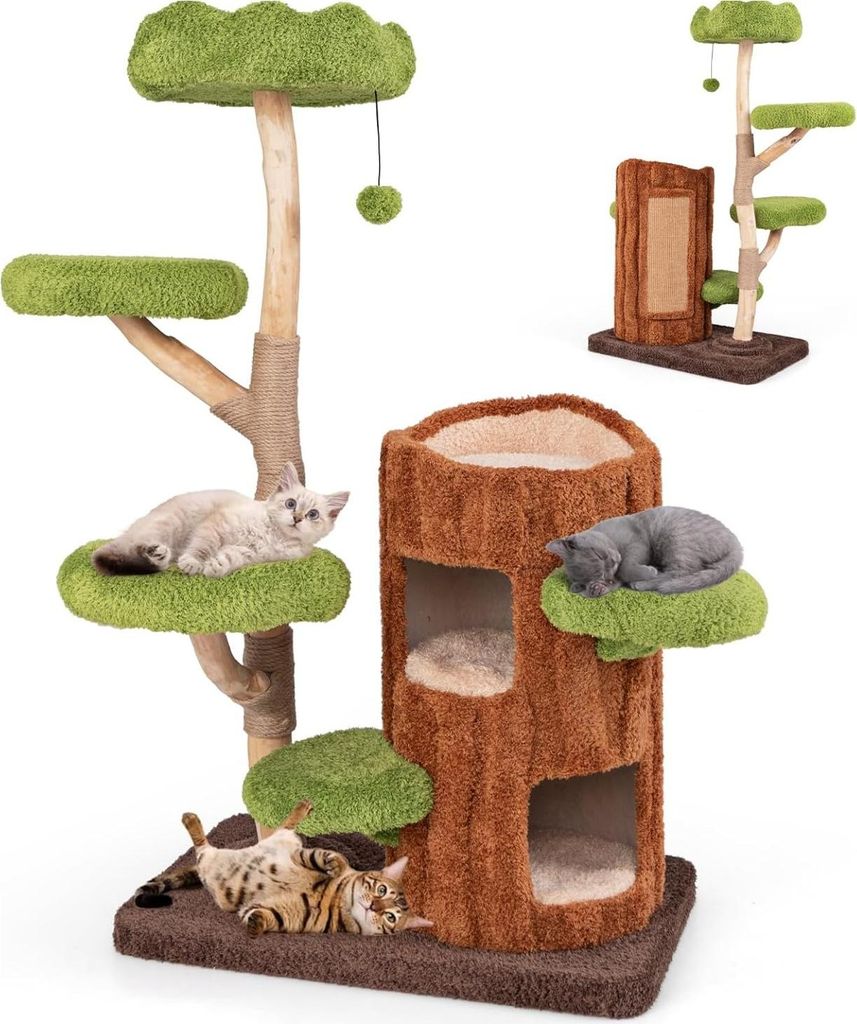GOPLUS Mehrstufiger Katzenbaum, Kratzbaum mit oberem Rastplatz, Plattformen, Katzenturm mit Jutesäule, Sisalplatte, 80 x 50 x 141cm, Braun, Grün