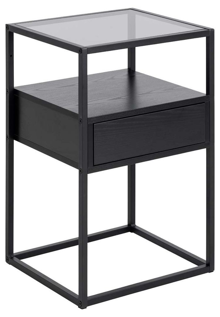 Actona Randolf, Nachttisch, Schwarz, 1 Schublade(n), Melamin, Stahl, Gehärtetes Glas, 2 Regale, 400 mm