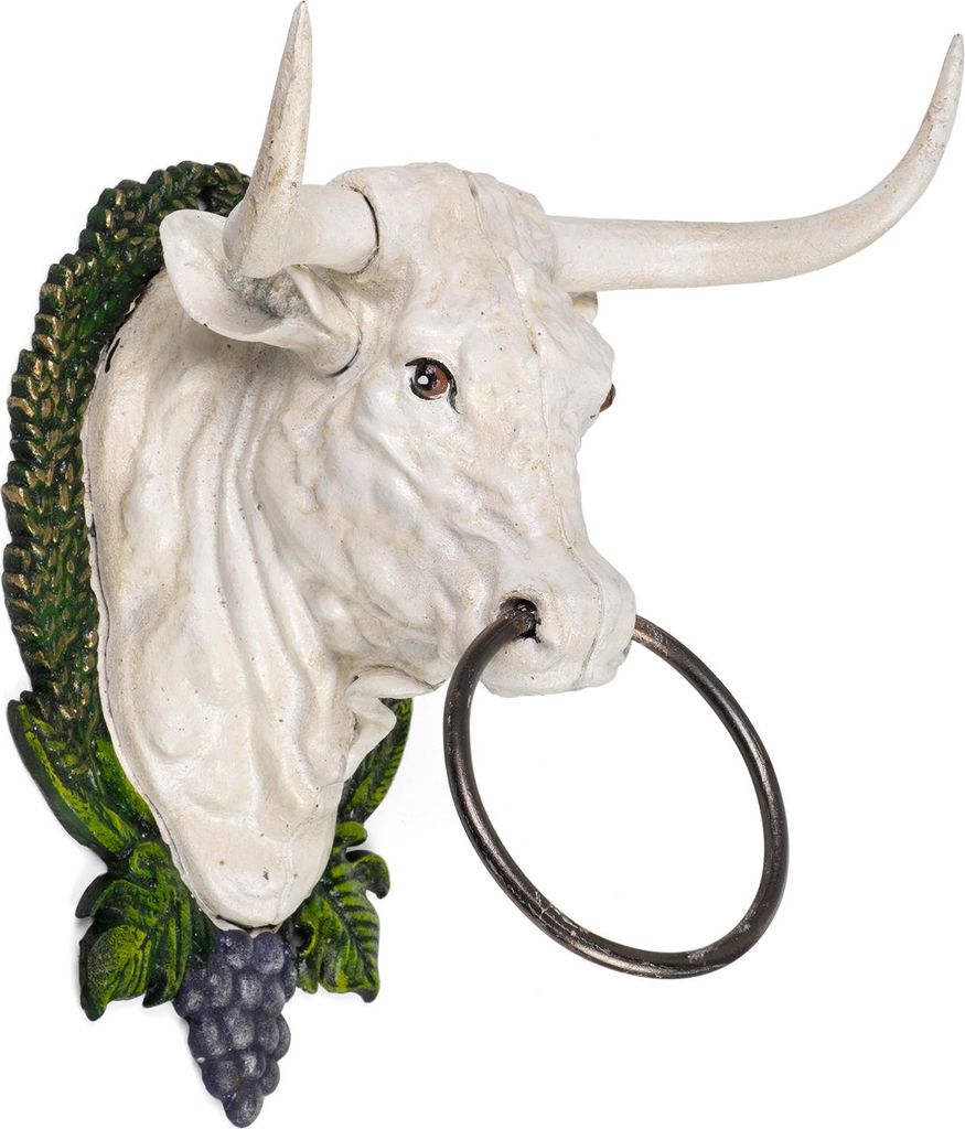 Handtuchhalter Stierkopf Gusseisen Wandhalterung Kuhkopf mit Ring Weiß Antik Design 29x24x19 cm Rustikale Deko Handtuchhaken Stier Bad Küche Land...